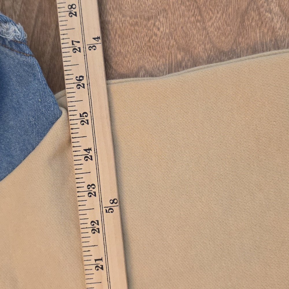 Ces Femme Oversized Cropped Sweatshirt Tan Blue Denim Block Sleeves Small - Picture 11 of 15